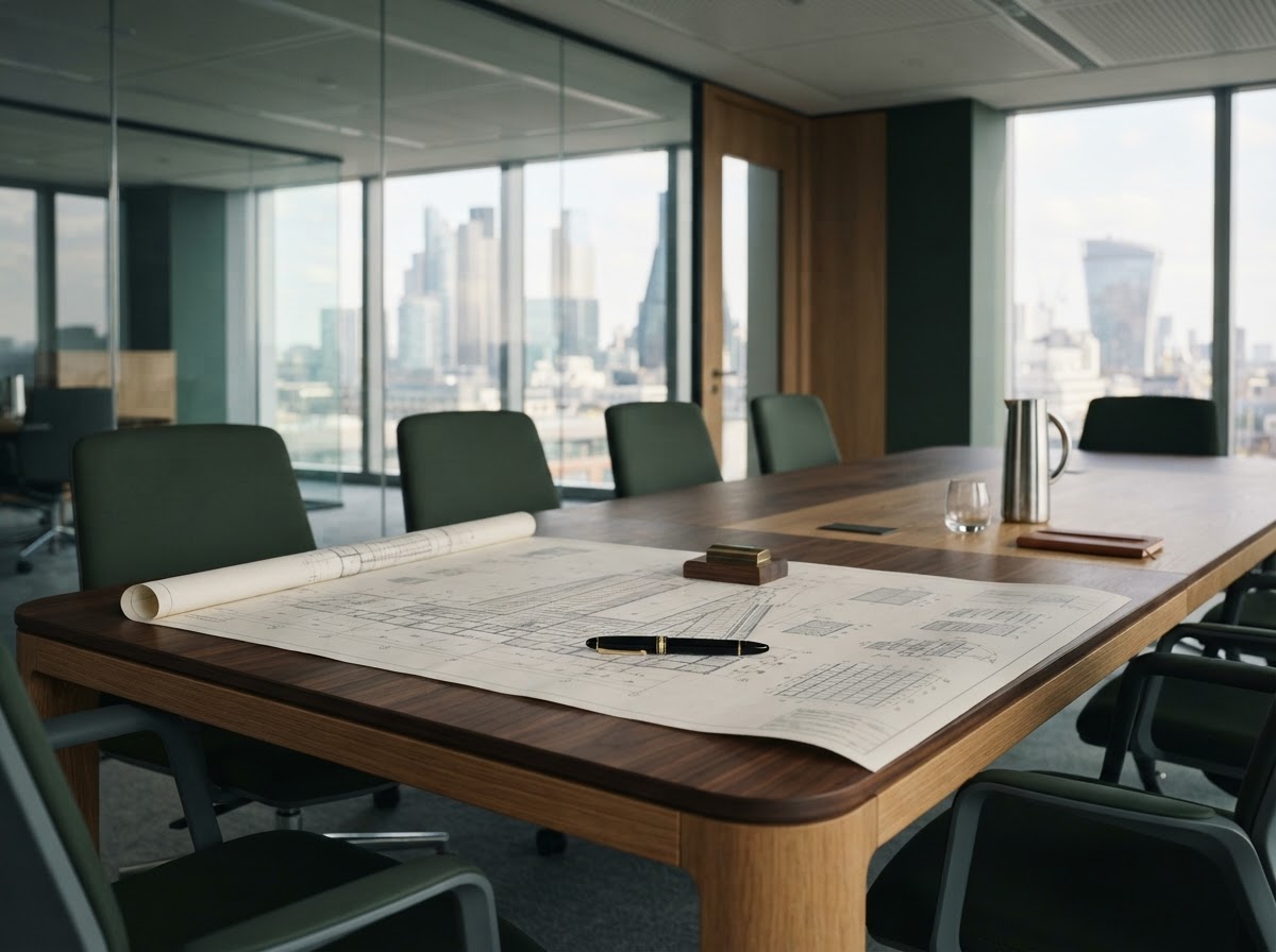 High-end boardroom with fountain pen on blueprint